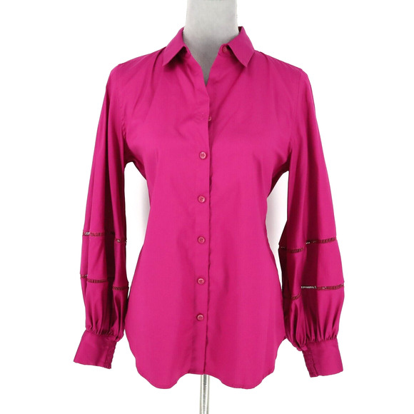 Chico's Tops - Chicos Top 0.5 Womens 6 Pink Shirt Blouse Cut outs on Puff Sleeves Cotton Blend